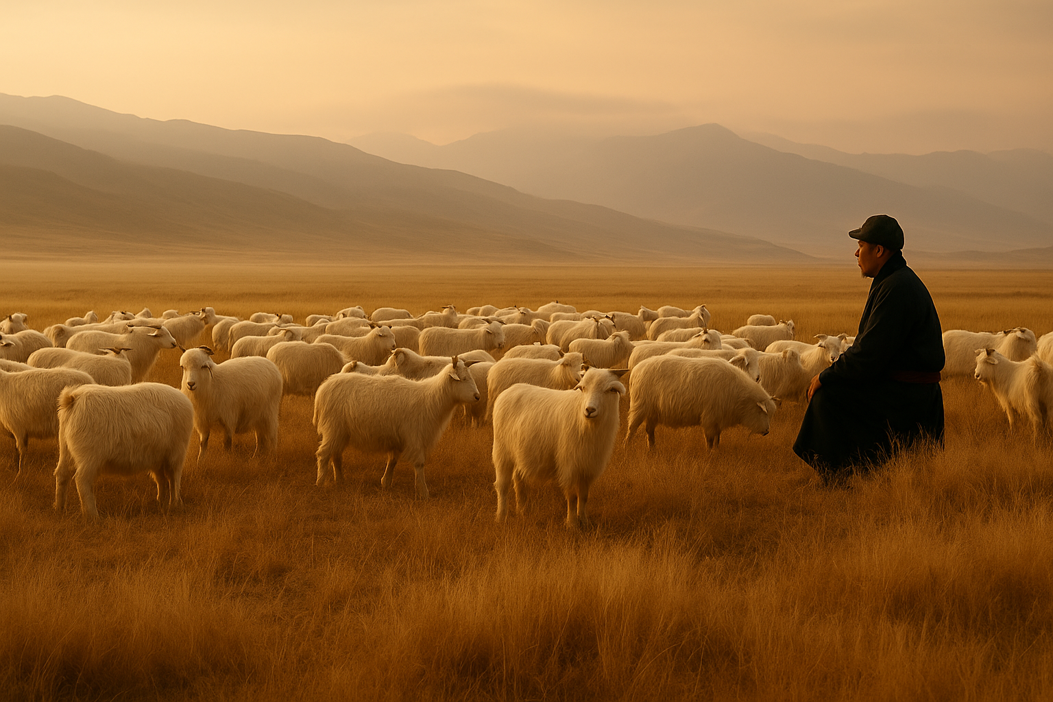 Mongolian herders overseeing cashmere goats